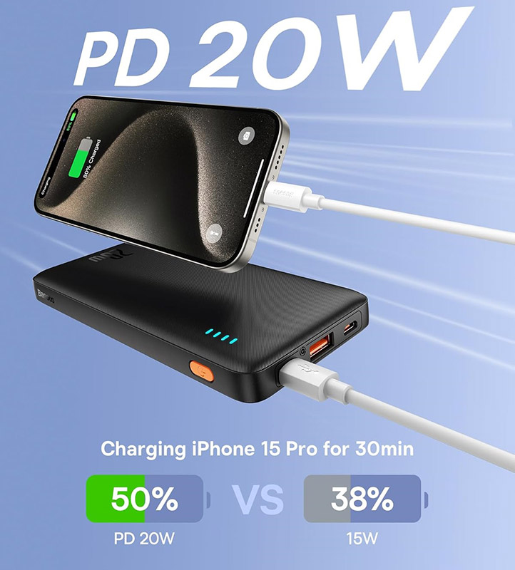 یک آیفون 15 پرو که با پاوربانک بیسوس Airpow PPAP10 به‌صورت سریع شارژ می‌شود، 50% شارژ را در 30 دقیقه نشان می‌دهد، در مقایسه با 38% در حالت شارژ 15 واتی.