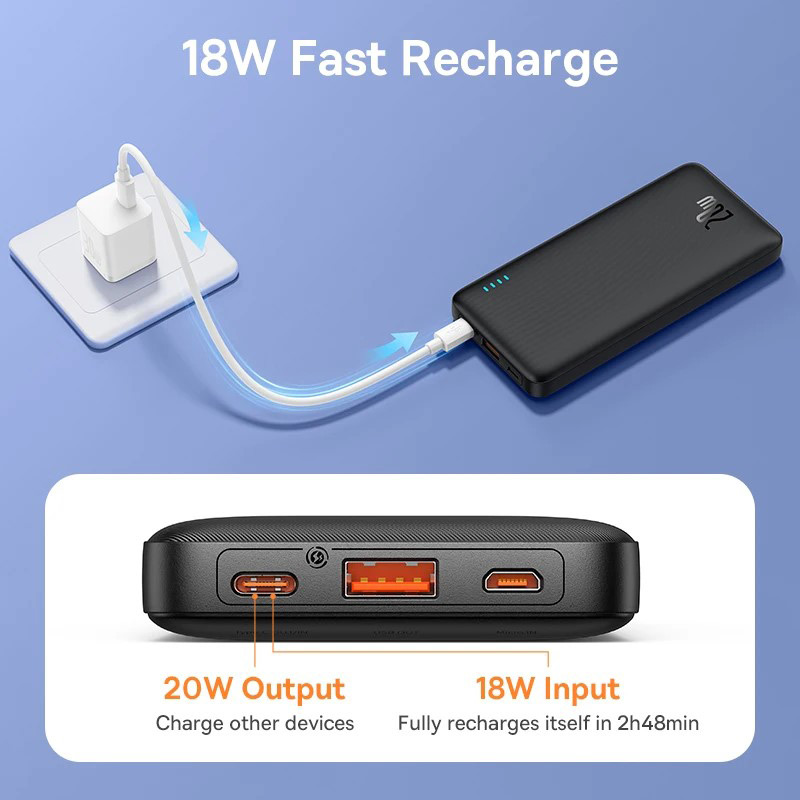 پاوربانک Baseus Airpow PPAP10 10000mAh 20W در حال شارژ و نمایی از پورت‌های این پاوربانک در قسمت دیگر، و پورت USB-C به‌عنوان خروجی 20 وات و ورودی 18 وات