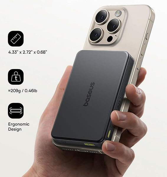 پاوربانک وایرلس مگنتی بیسوس Airpow Qi2 10000mAh 22.5W مدل PPWPQ10-20 با ابعاد 110 در 69 در 17.5 میلیمتر و وزن تقریبی 209 گرم