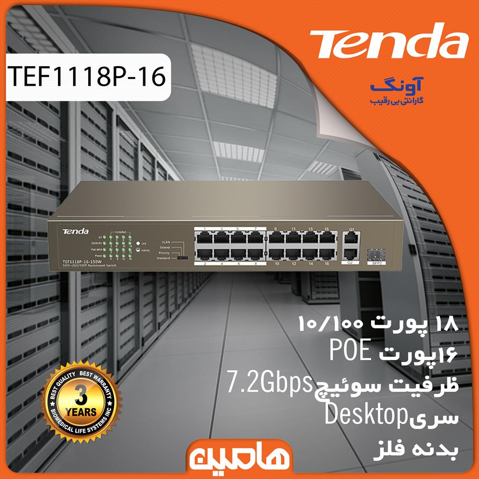 سوییچ شبکه 18 پورت تندا مدل TEF1118P-16